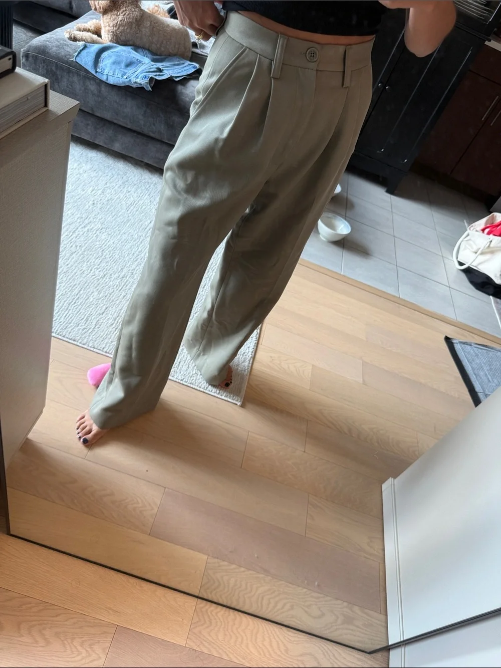 Anine Bing Cream & Green Wide-Leg High-Waist Trousers